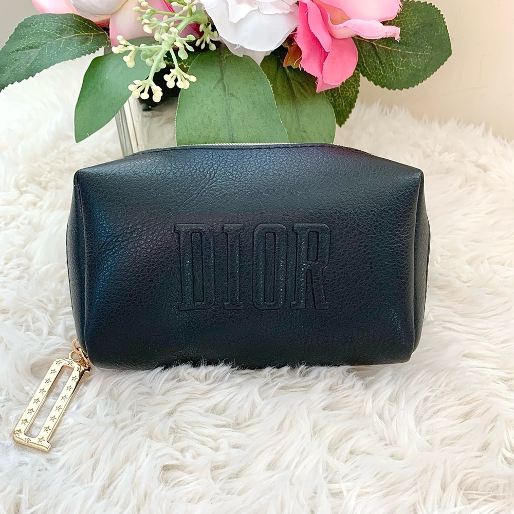 NEW Dior Beauty Cosmetic Pouch Black Logo Makeup Bag with Gold D Charm NWOB